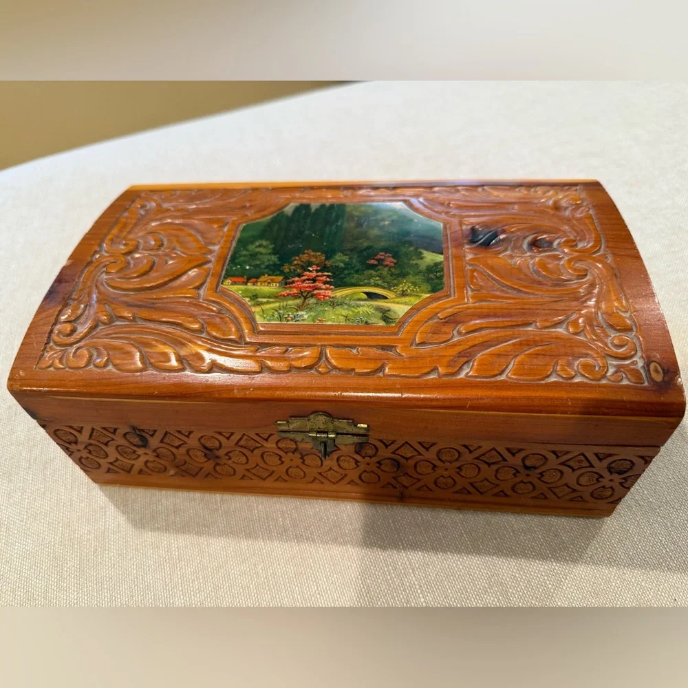 Vintage Carved Wooden Jewelry Box with Scenic Inlay mirrored